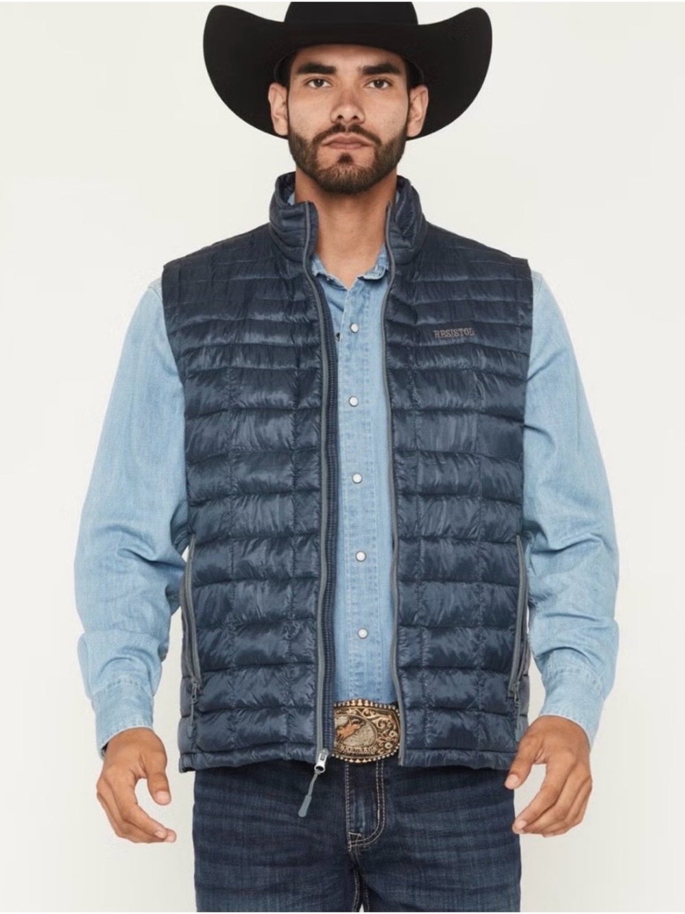 Resistol Cold Bloq Puffer Vest Mens Medium Blue Quilted Western Lightweight Zip